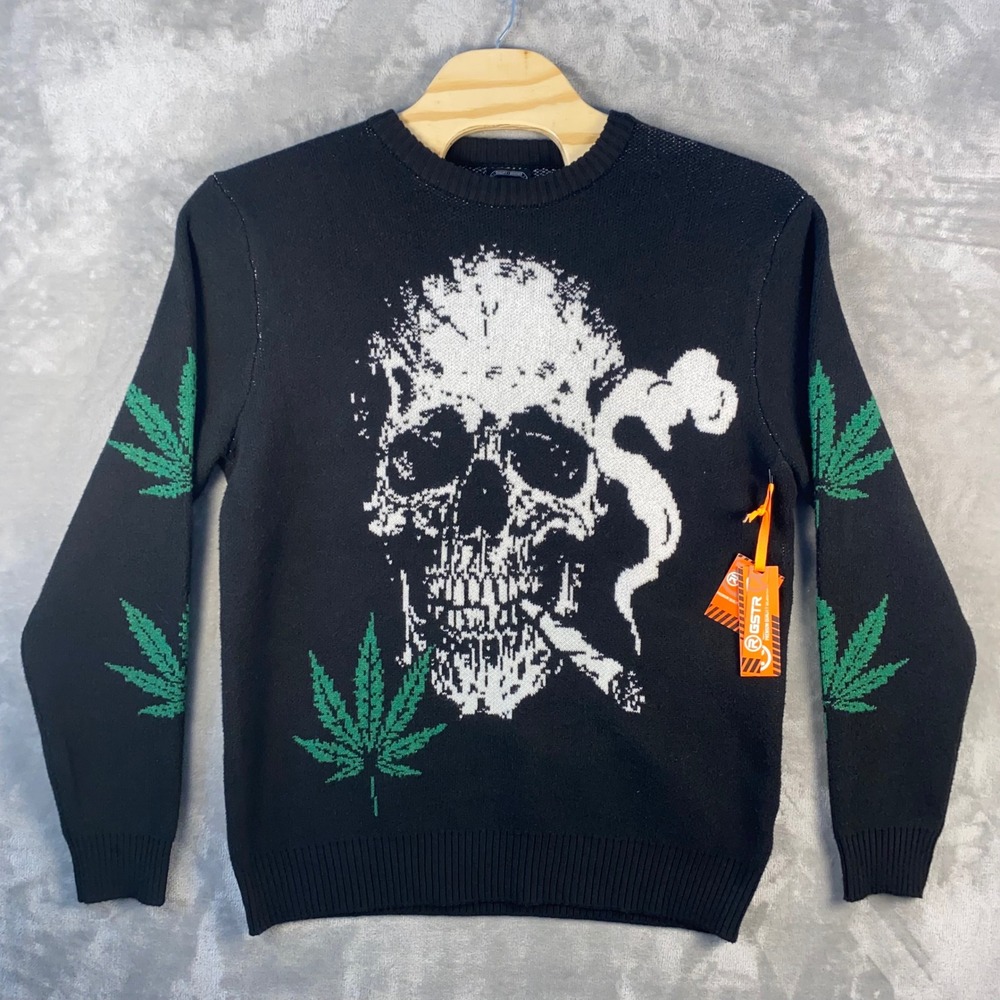 RGSTR Skull Weed Leaf Knit Sweater Mens XL‎ Black Long Sleeve Crew Neck NWT